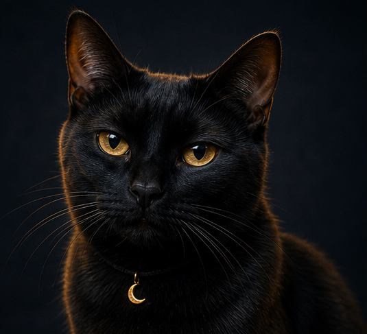 Aurora, uma gata preta de olhos âmbar e pingente de lua crescente